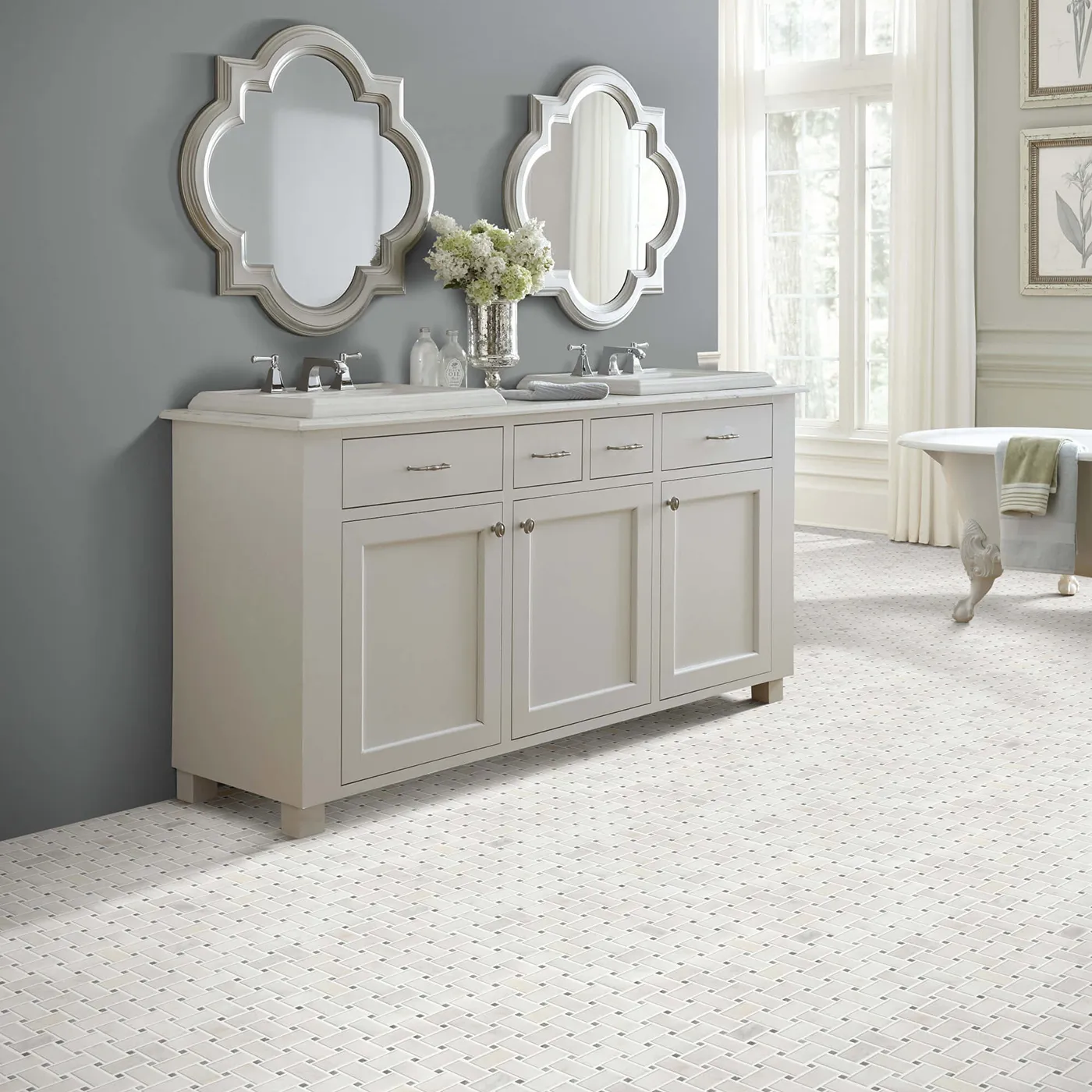 Boca-BasketweavePolishedMos-CS82M-00105-Channel-V Shaw Floors Channel white basket weave mosaic tile in a bathroom | Tom January Floors