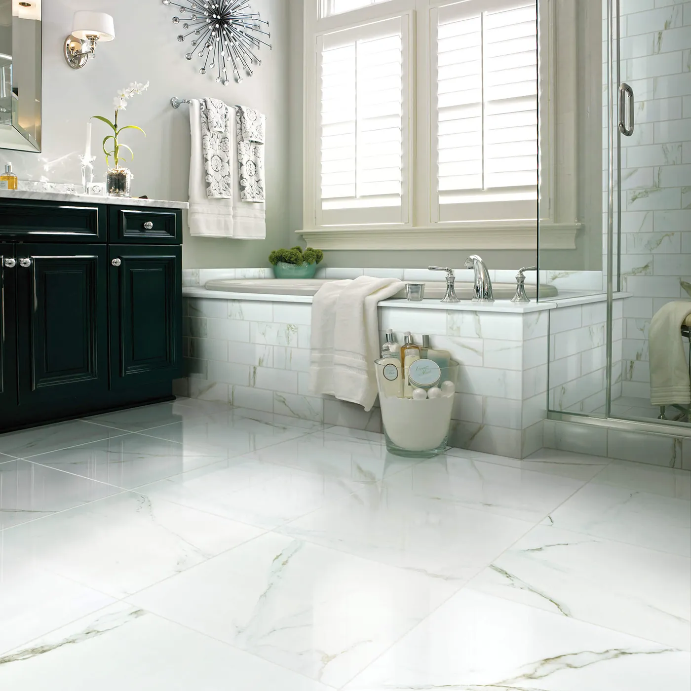 CASINO-POLISHED-CS37V-CASINO4X12-CS35V-CALACATTA-ORO-00121-V Shaw Floors Calacatta Oro polished white marble-look tile in a luxurious bathroom | Tom January Floors