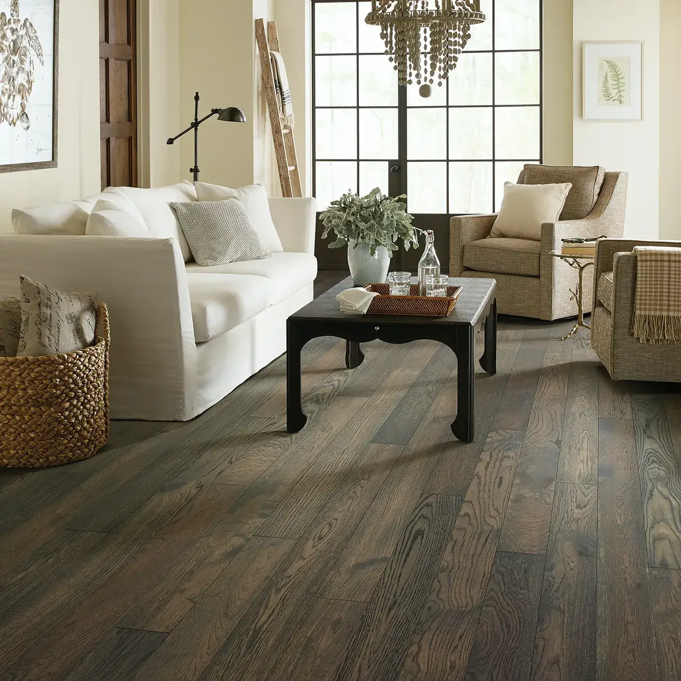 CornerstoneOak-SW676-07044-Granite-5in-RM Dark gray hardwood in a living room | Tom January Floors