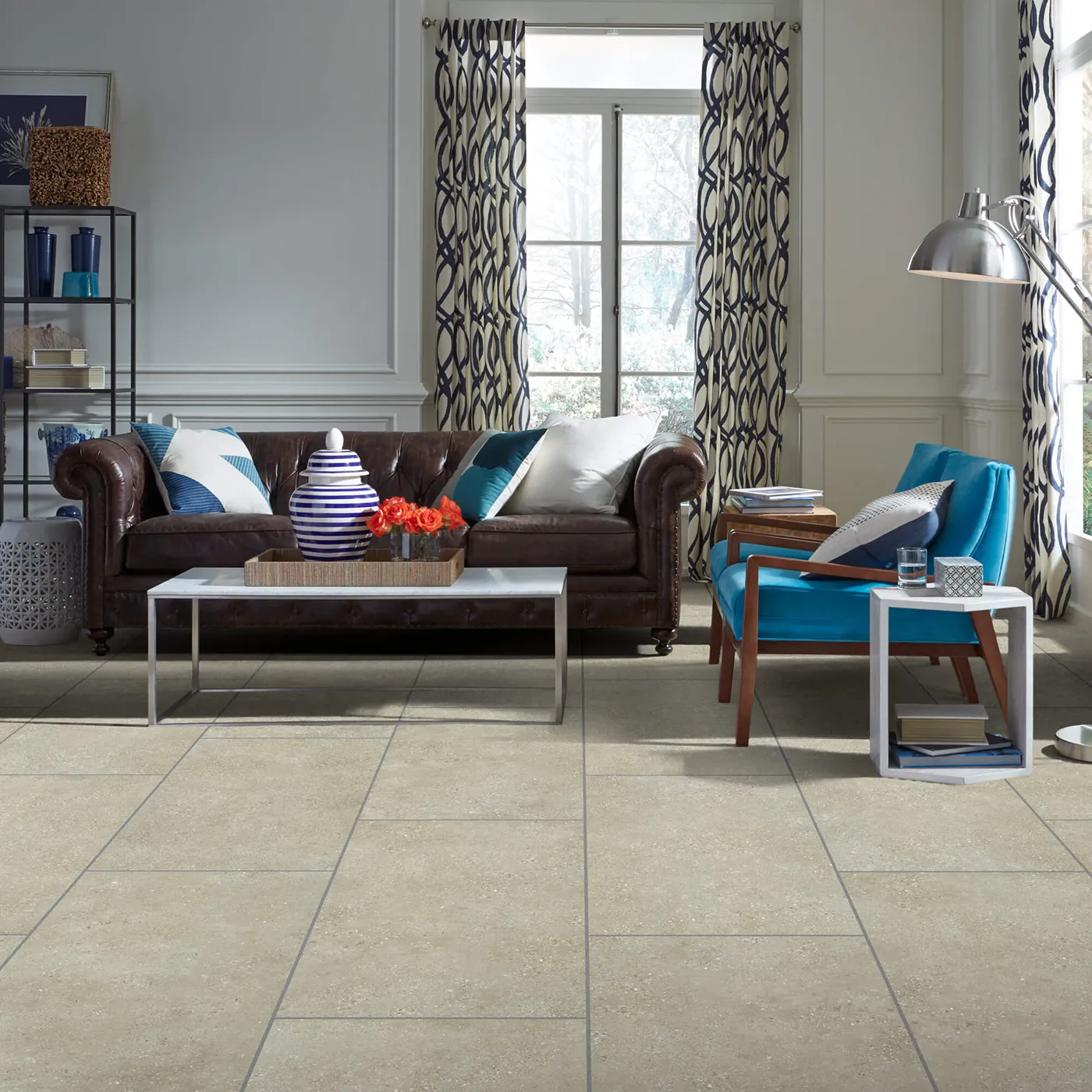 Crete-CS86Q-00200-Cafe-18x36-V Shaw Floors tile in a light beige cafe color, in a living room | Tom January Floors