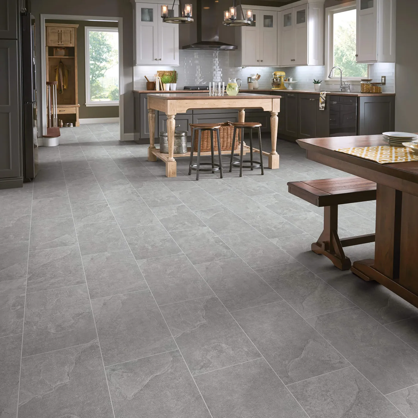 Crown-226TS-00550-Smoke-12x24-8U658-RM-H Shaw Floors Smoke gray large square tile in a kitchen | Tom January Floors