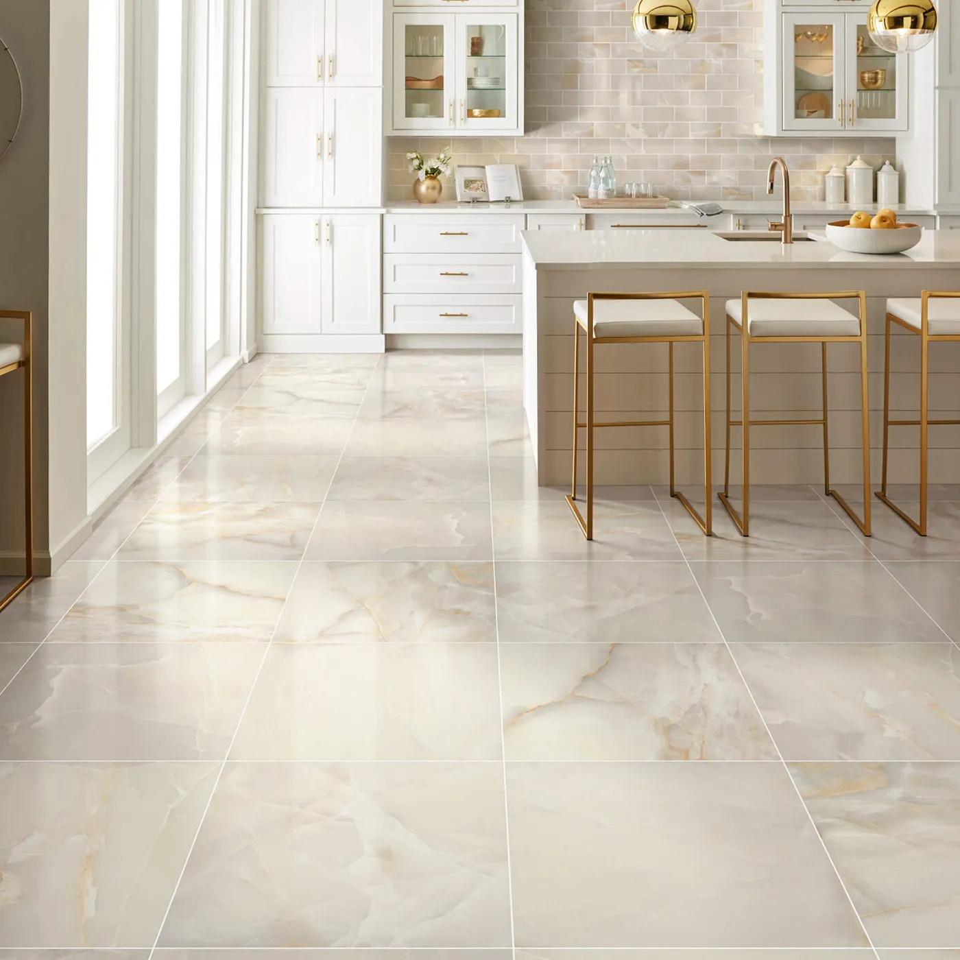 Gemstone-Polished-336TS-00200-Beige-24x24-BrickMosaic-RM-V Shaw Floors Beige polished tile with subtle veining in a white kitchen | Tom January Floors