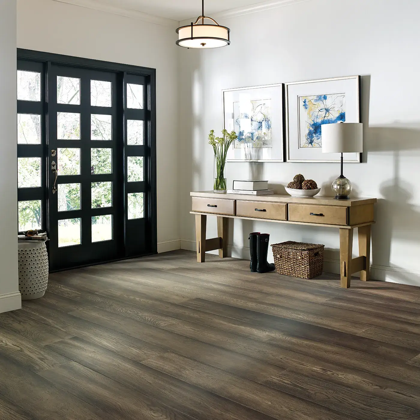 Magnificent-FH821-07057-DakotaHickory-7.5in-8U555-RM Dark brown hardwood in an entryway with a black front door | Tom January Floors