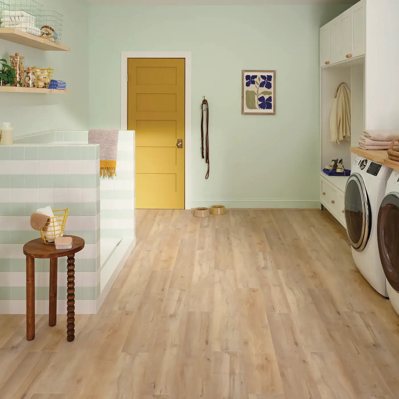 VV800_04039_ROOM COREtec Luxury Vinyl in a light blonde wood color in a laundry room | Tom January Floors