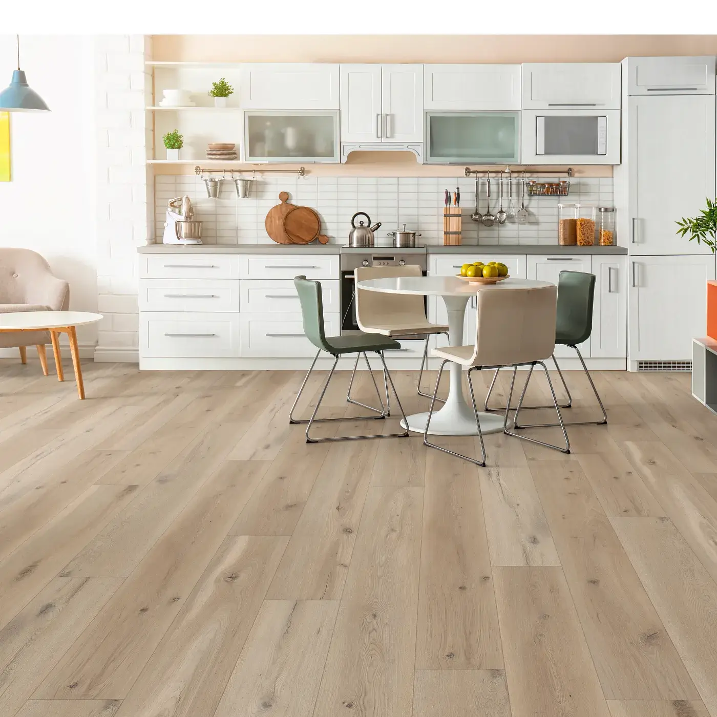 VV810_05028_ROOM COREtec Luxury Vinyl in a light blonde wood color in a kitchen | Tom January Floors
